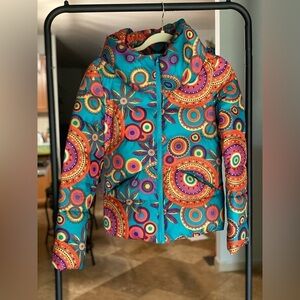 Womens Vintage Multicolored Art Pattern Padded Cropped Bomber Down Coat Size S